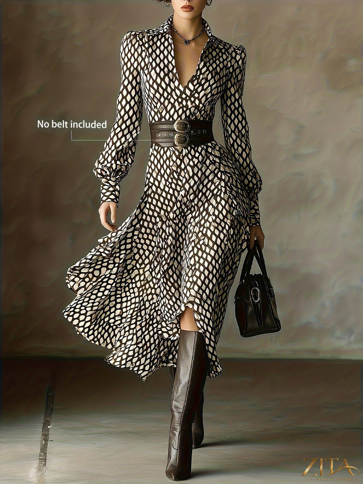 Printed long sleeve midi dress by Trendsi, featuring a flowing design, vibrant print, and knee-length silhouette.