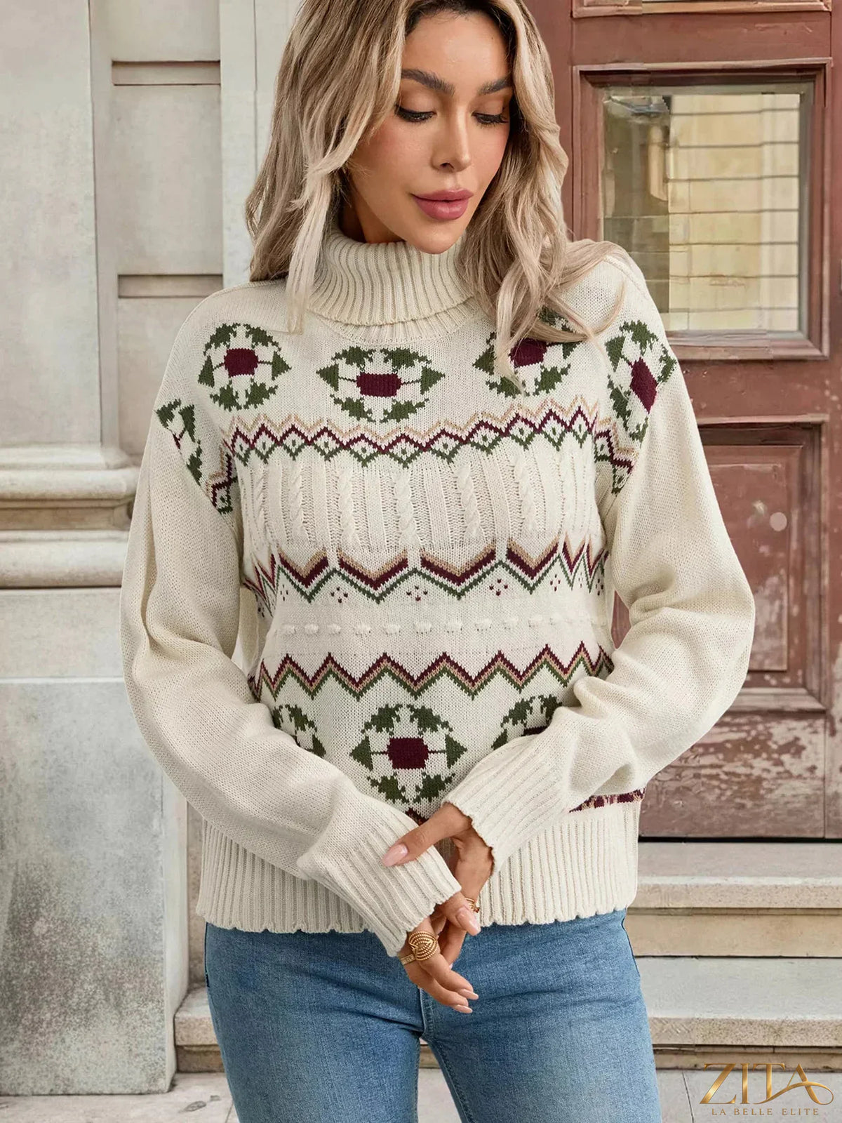 Cable knit turtleneck sweater by Trendsi, featuring a cozy, textured knit pattern and a high neckline in a classic design.