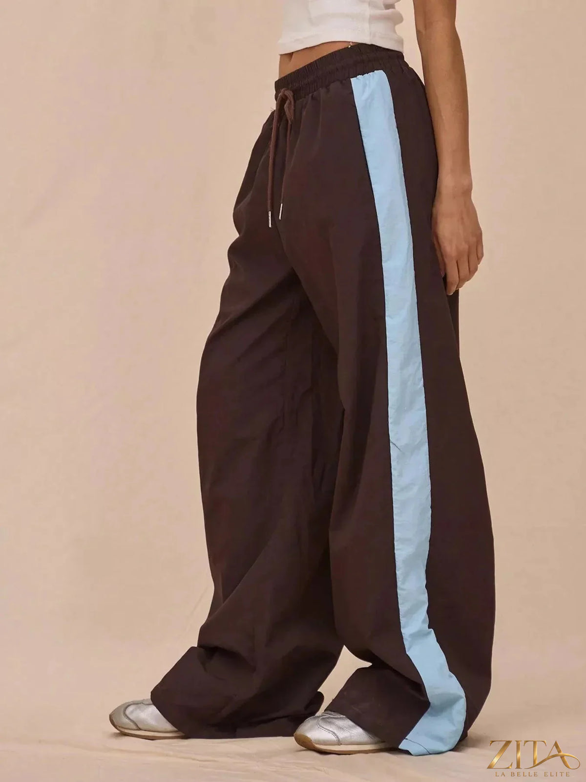 Zita La Belle Elite color-block tracksuit and wide-leg pants set, featuring vibrant fabric and sporty, casual style.