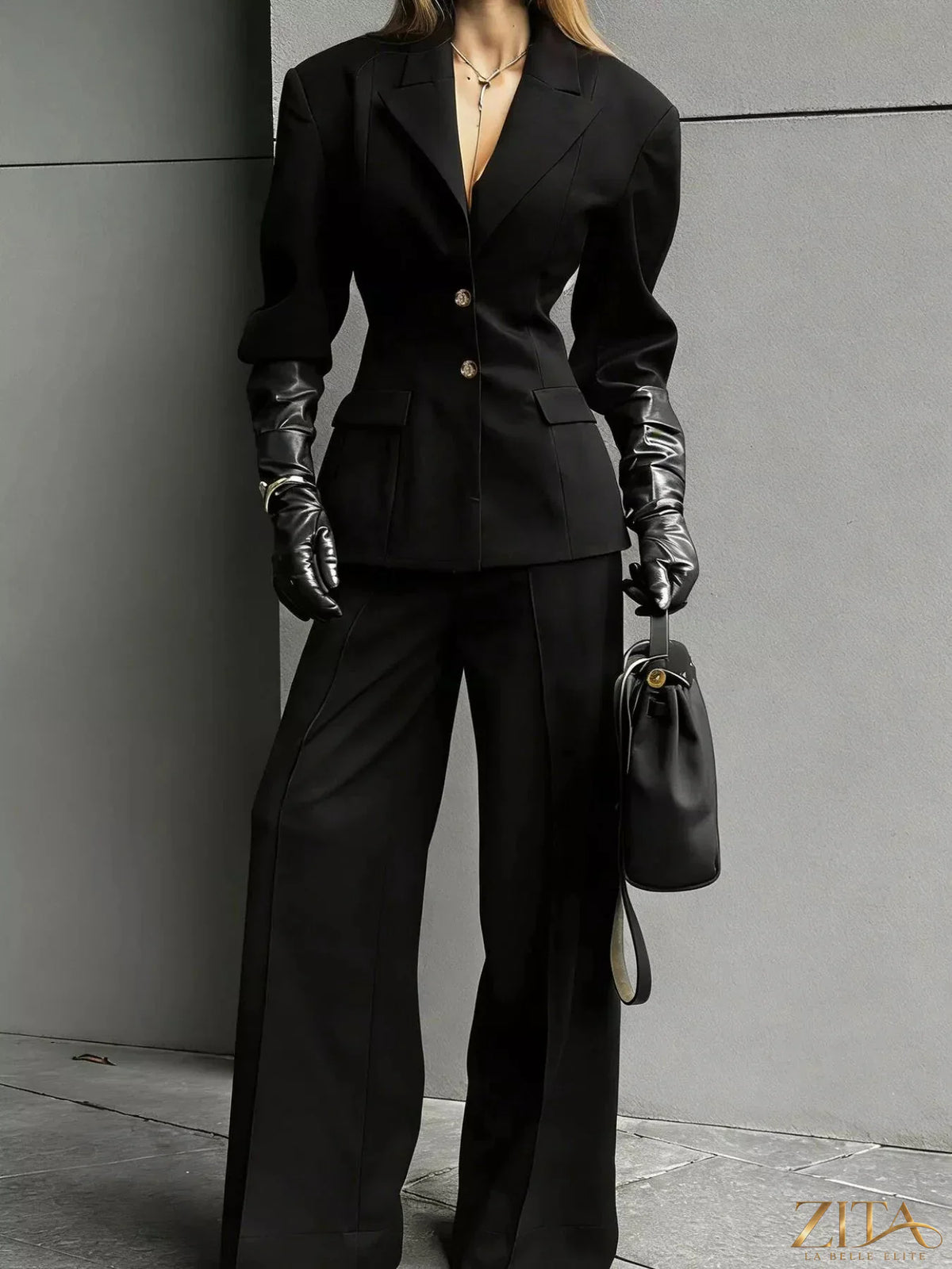 Zita La Belle Elite single-breasted blazer and wide-leg pants set, stylish formal outfit for women, in neutral fabric.