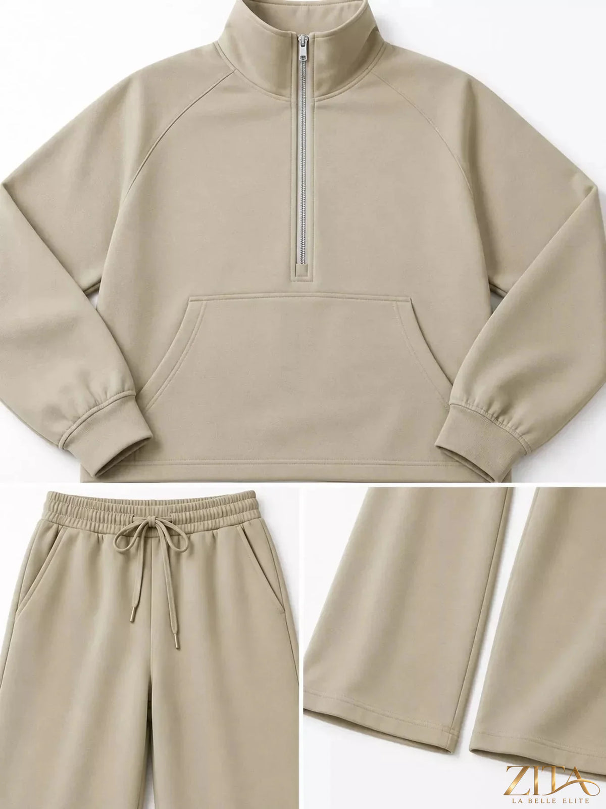 Zita La Belle Elite half-zip sweatshirt and wide-leg pants set in soft fabric, shown on a model in a casual indoor setting.