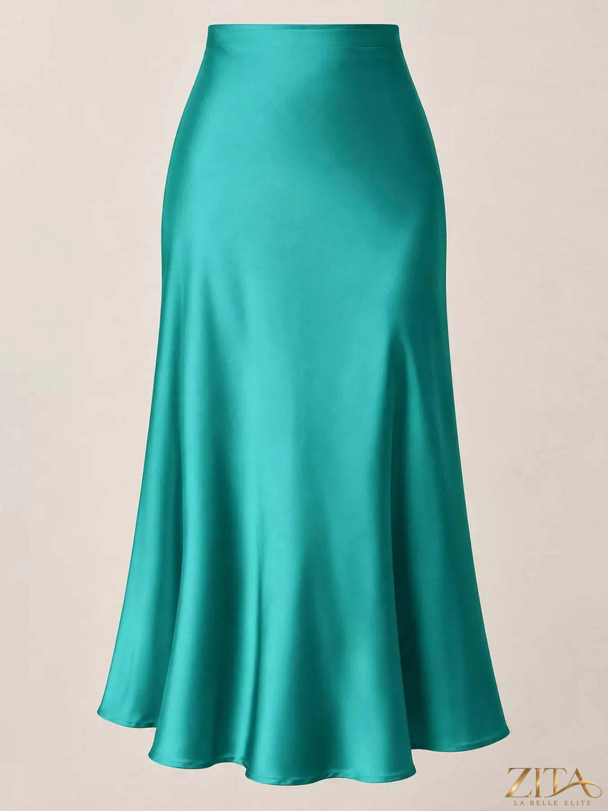 High-waisted satin midi skirt with a smooth, shiny fabric and elegant design, styled for a chic, modern look.