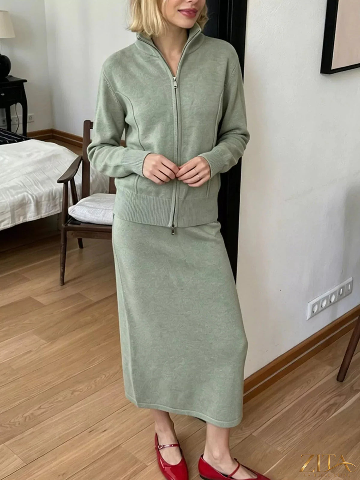 Zita La Belle Elite zip-up mock neck cardigan and matching midi skirt sweater set on a model, styled for a chic look