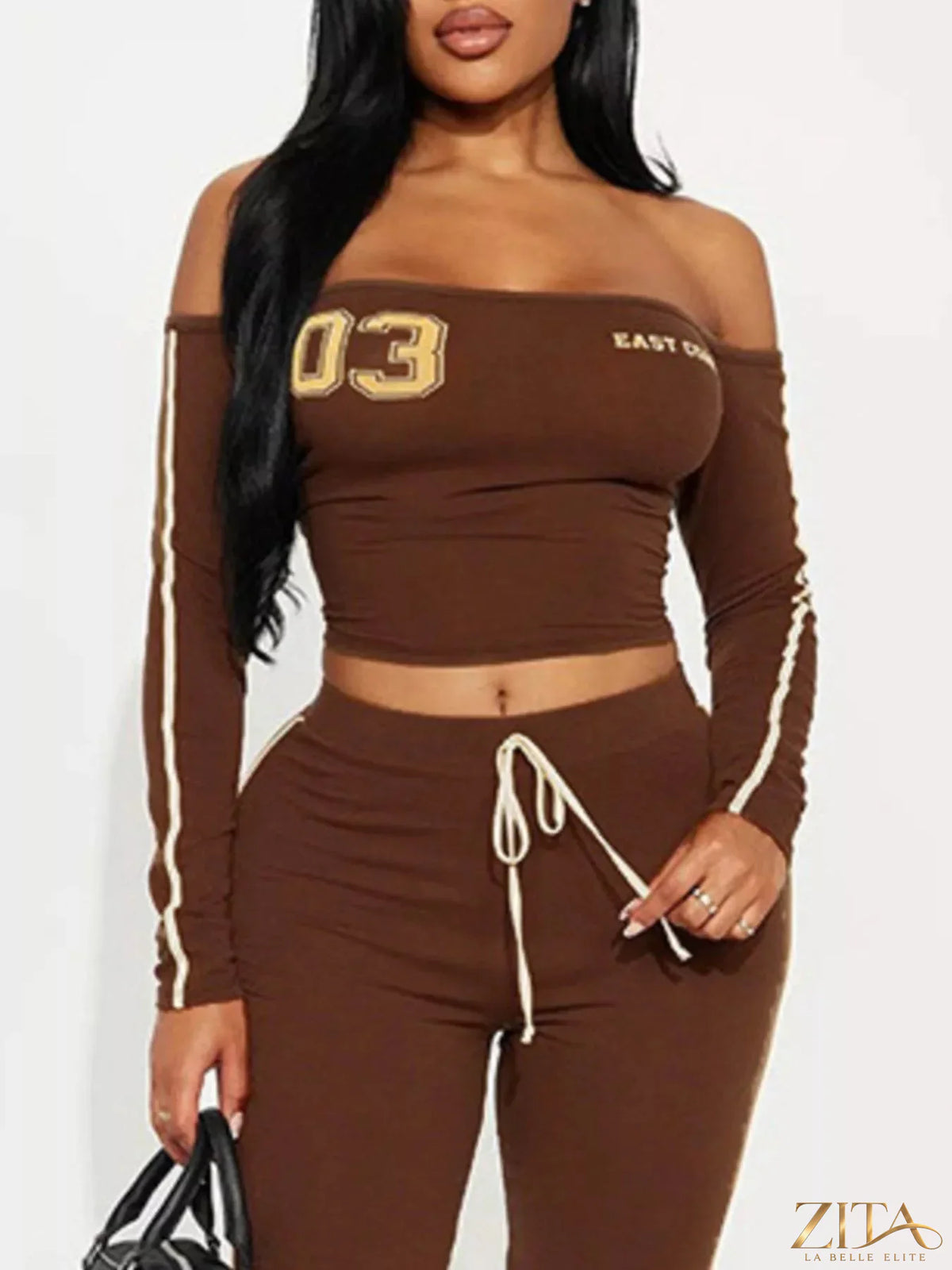 Zita La Belle Elite off-shoulder crop top and flare pant lounge set, stylish and comfortable matching outfit for casual wear.
