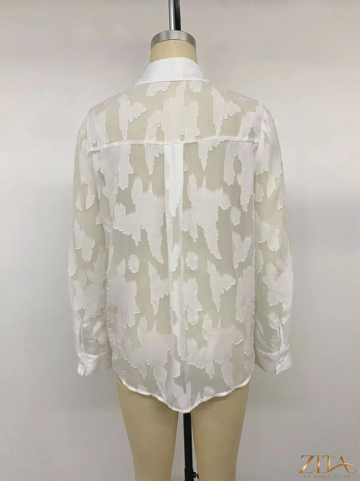 Zita La Belle Elite sheer button-down shirt in lightweight, translucent fabric, featuring classic collar and front buttons.