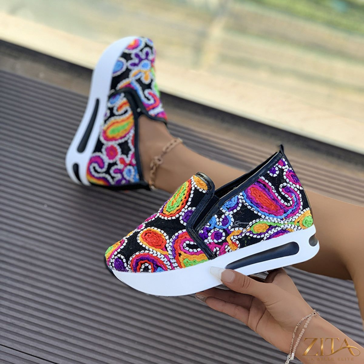 Printed platform round toe sneakers by Zita La Belle Elite featuring colorful design and chunky soles for a trendy casual look.