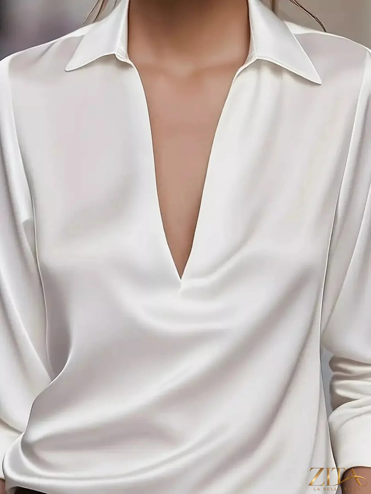 Zita La Belle Elite satin Johnny collar long sleeve blouse in deep blue fabric, featuring a sleek, elegant design.