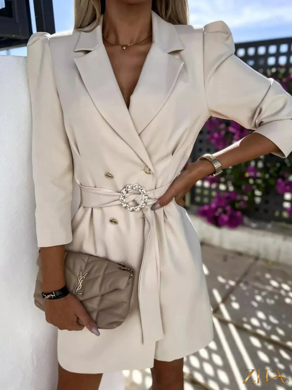 Zita La Belle Elite 3/4 sleeve belted blazer dress shown in black with structured collar and tailored fit, perfect for professional or formal wear.