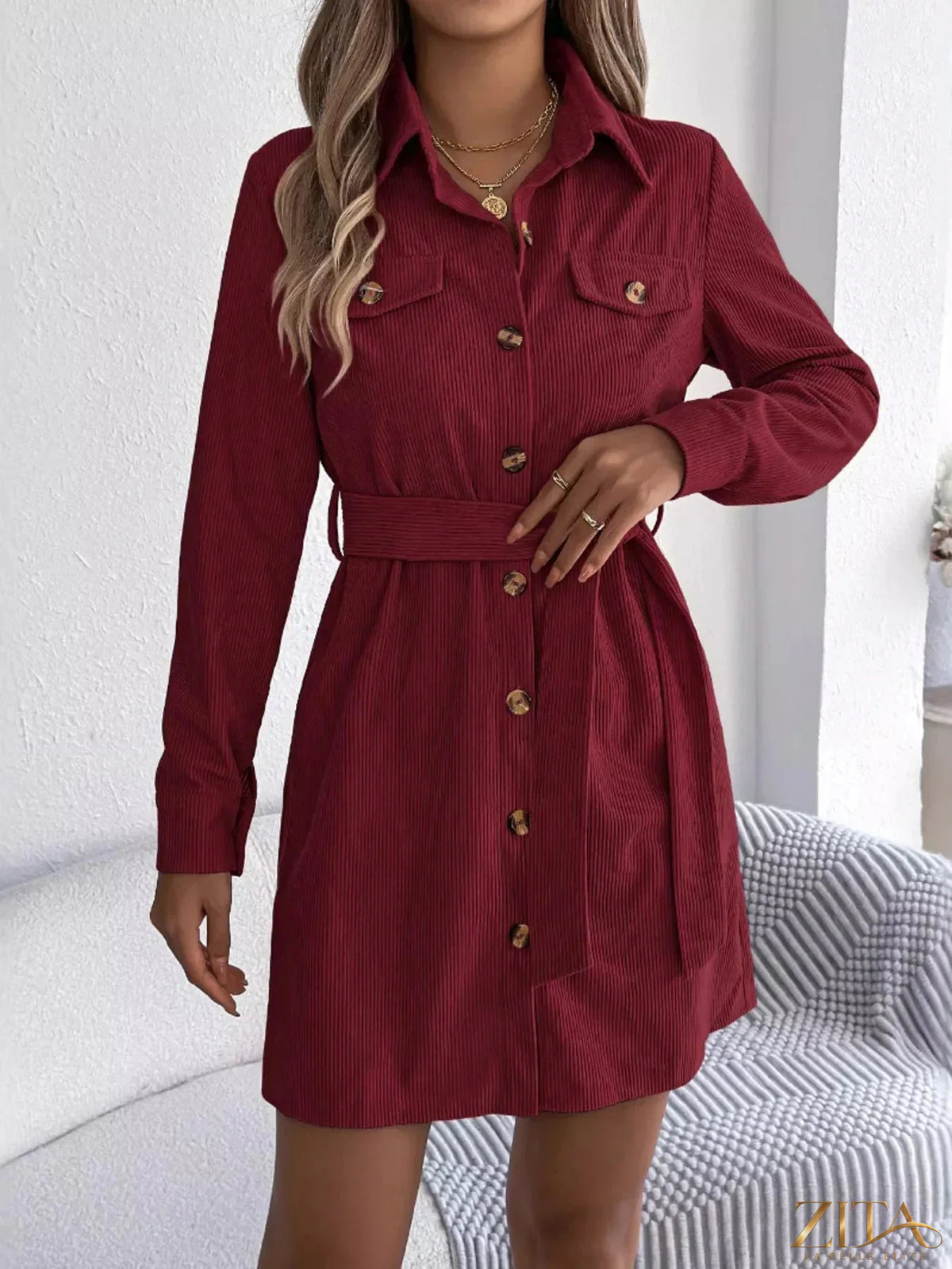 Zita La Belle Elite corduroy button-down shirt dress in earthy tones, featuring a collar, long sleeves, and a relaxed fit.