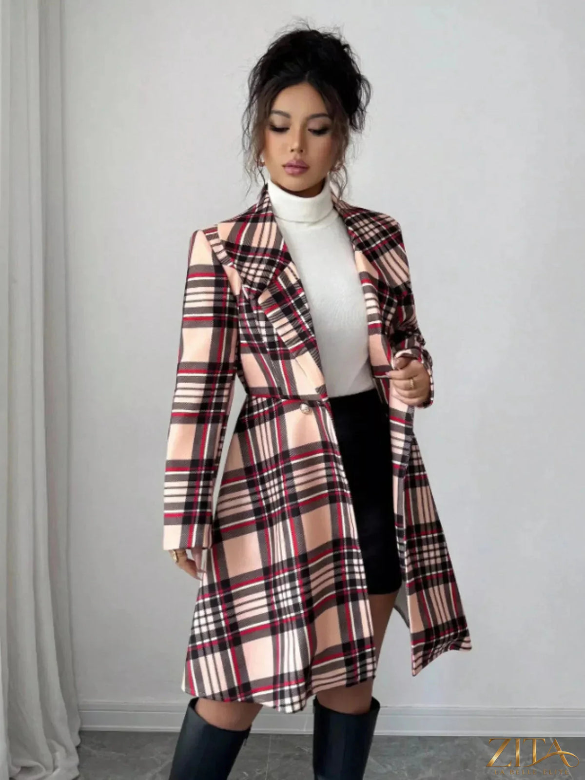 Zita La Belle Elite plaid button-up long sleeve coat with a classic pattern and tailored fit, shown in natural outdoor setting.