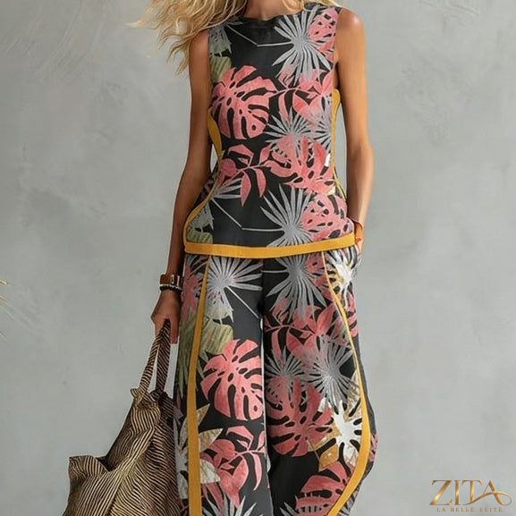 Printed retro sleeveless top and wide-leg pants set by Zita La Belle Elite, featuring vibrant 12 print options, available in sizes S–5XL.