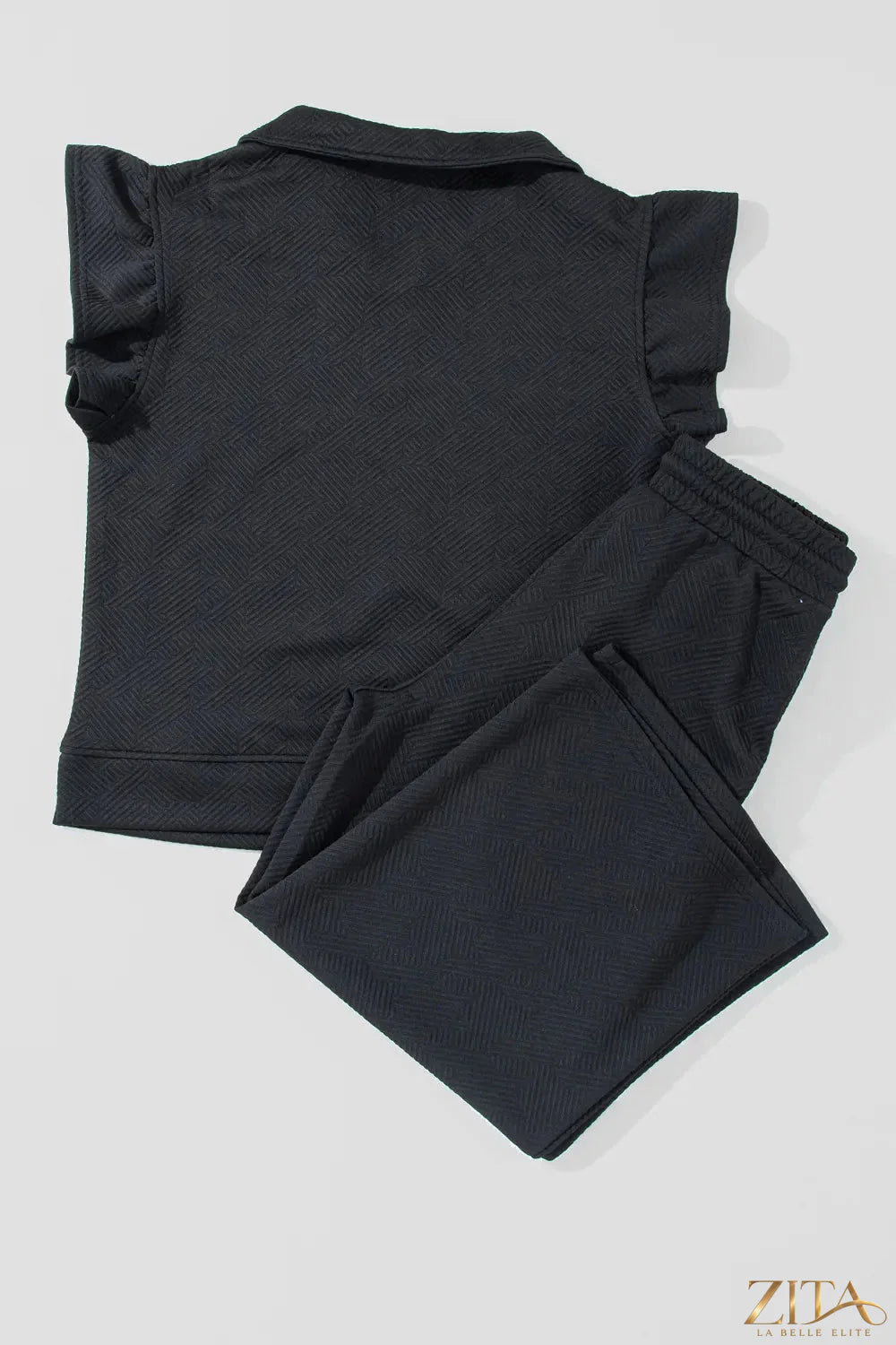 Zita La Belle Elite ruffled quarter zip top and drawstring pants set, stylish and comfortable for casual wear