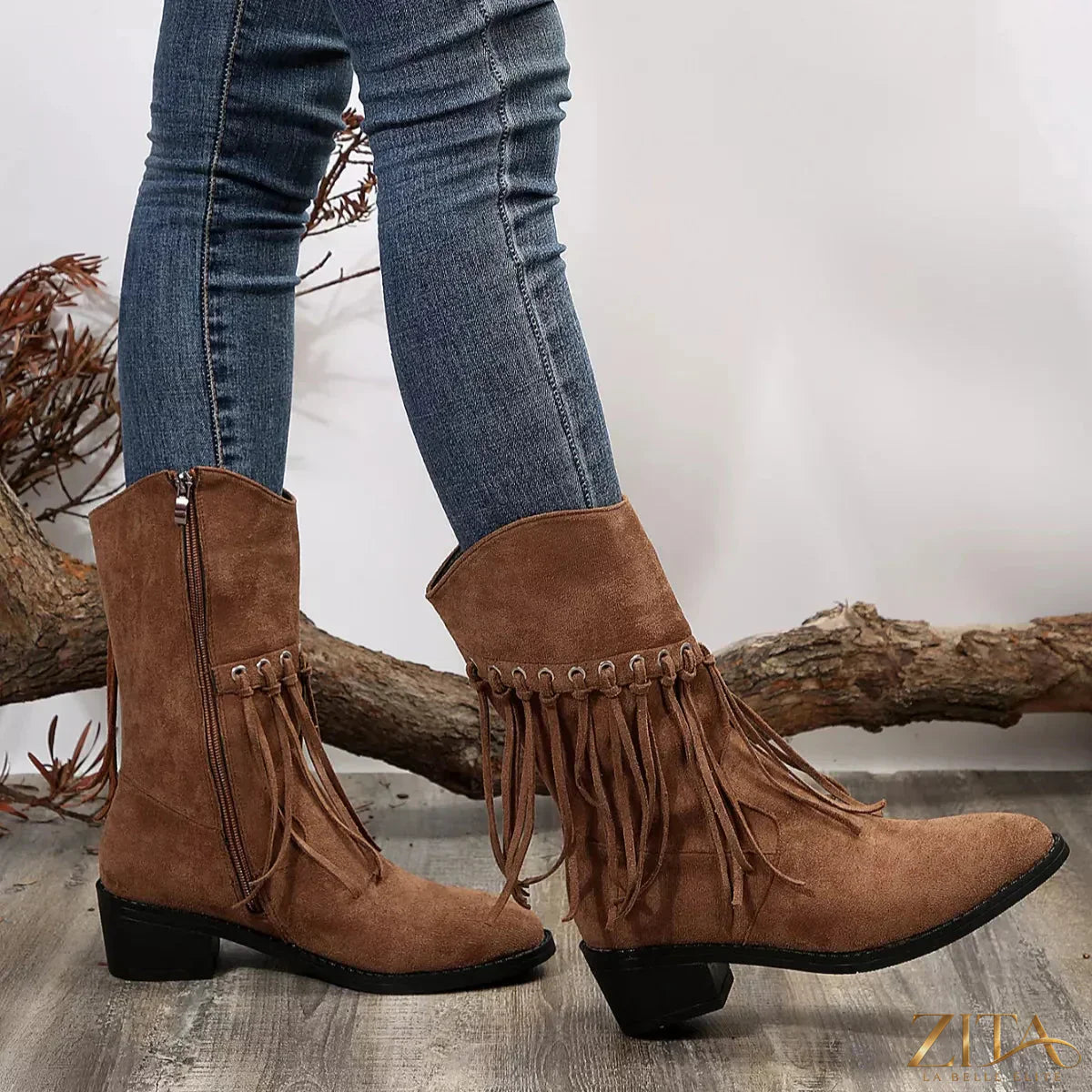 Zita La Belle Elite Fringe Western Block Heel Boots with leather finish and decorative fringe details, stylish for Western-inspired fashion.