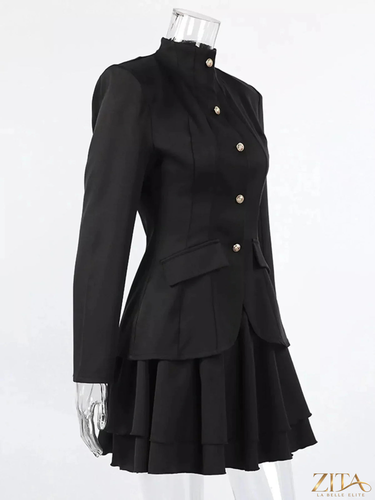 Zita La Belle Elite elegant stand collar blazer and matching mini skirt set, tailored with sleek fabric and stylish design.
