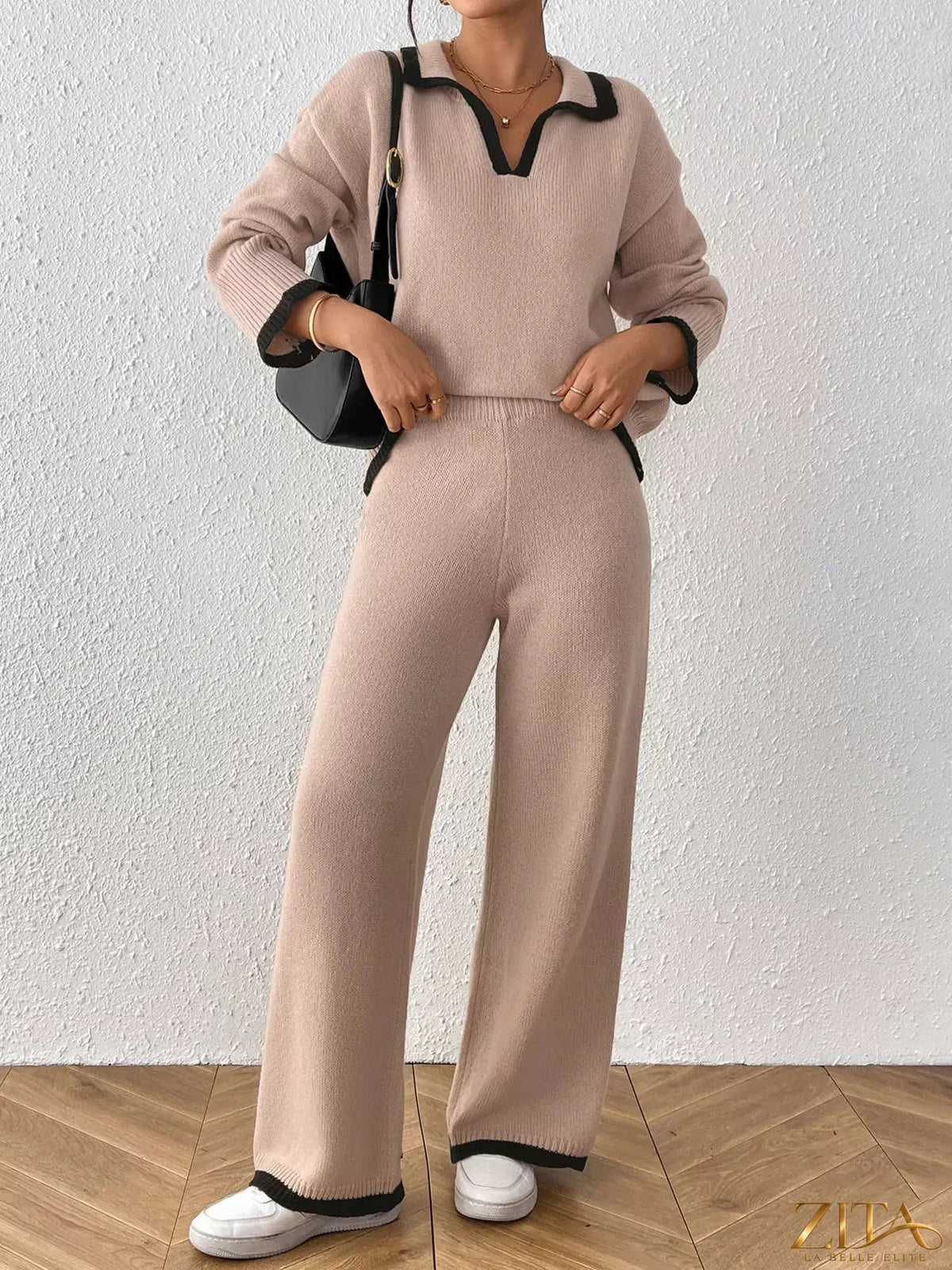 Zita La Belle Elite contrast trim polo collar top and pants sweater set, featuring a stylish coordinated look in soft knit fabric.