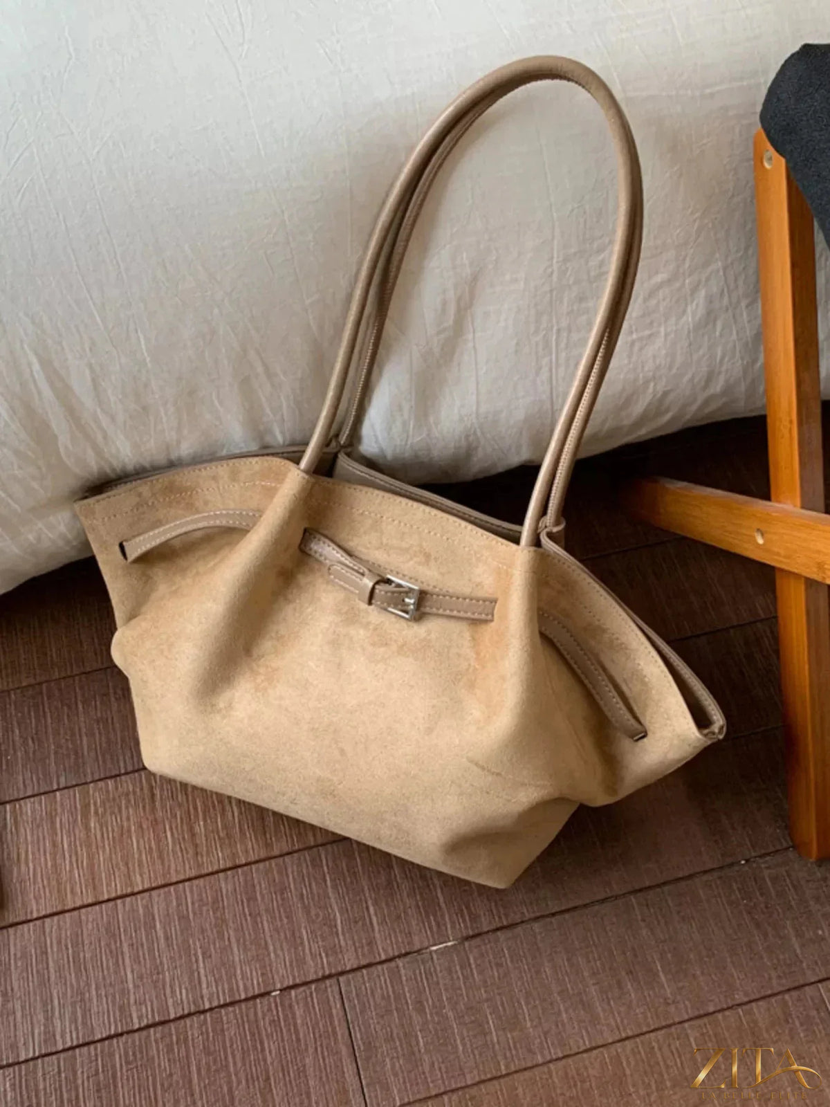 Zita La Belle Elite solid color buckle tote bag with top handles and gold hardware, stylish and spacious for everyday use