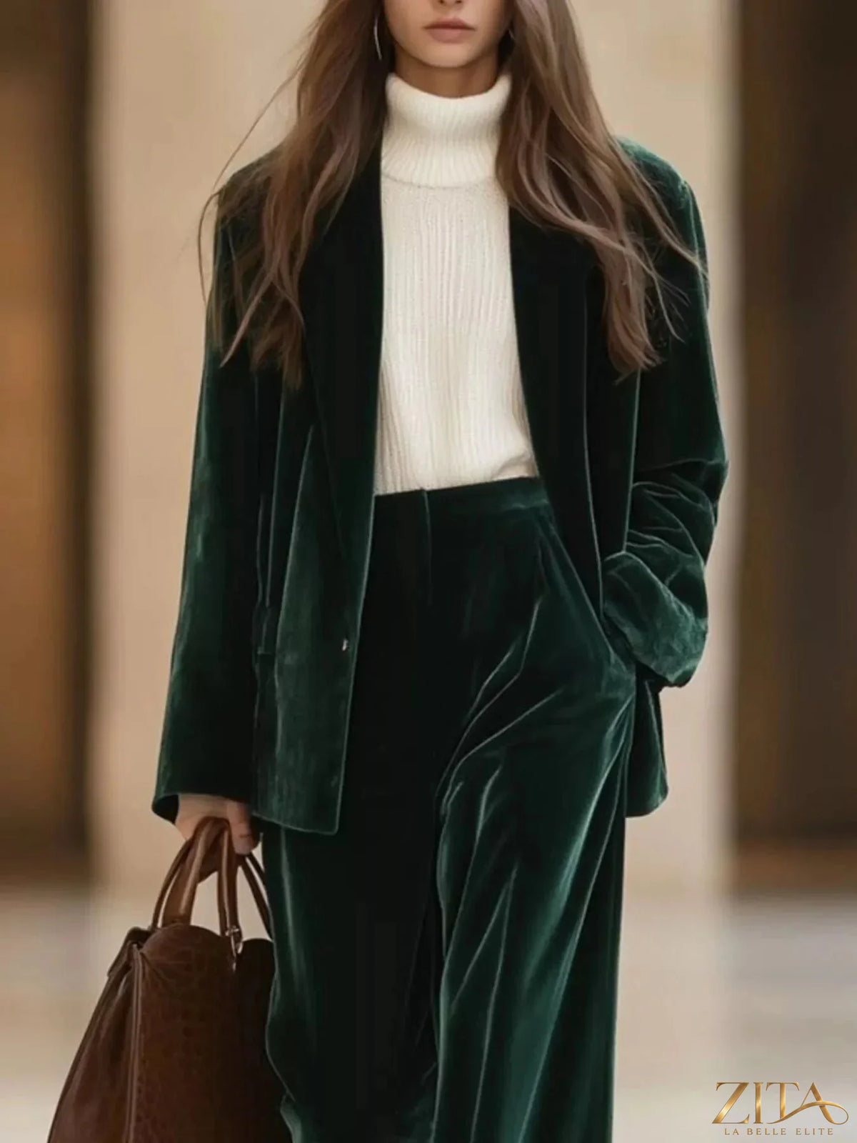 Velvet blazer and wide-leg pants two-piece set by Zita La Belle Elite, featuring a stylish tailored look in rich velvet fabric.