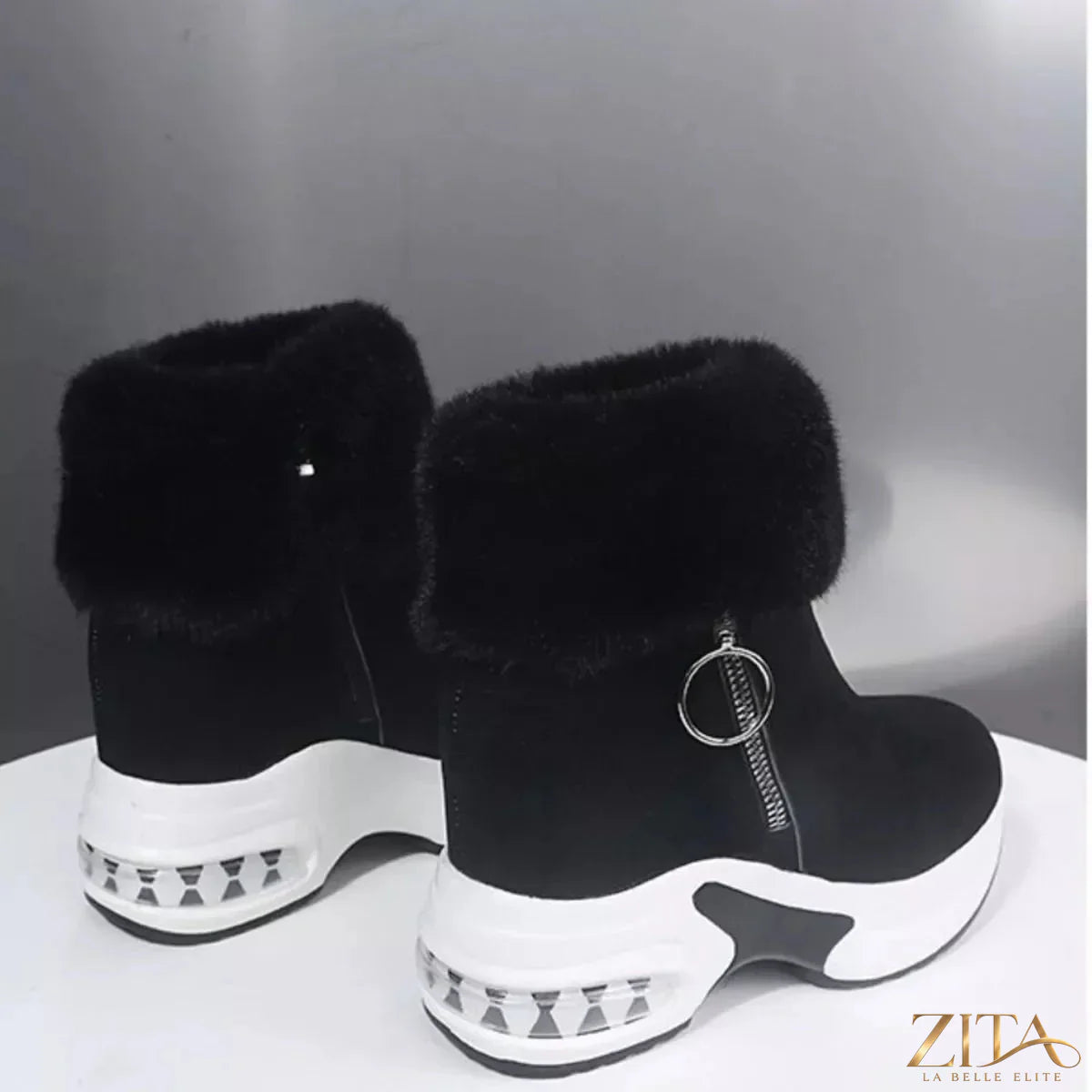 Zita La Belle Elite fuzzy side zipper platform ankle boots with chunky heel and plush exterior, stylish footwear for women.