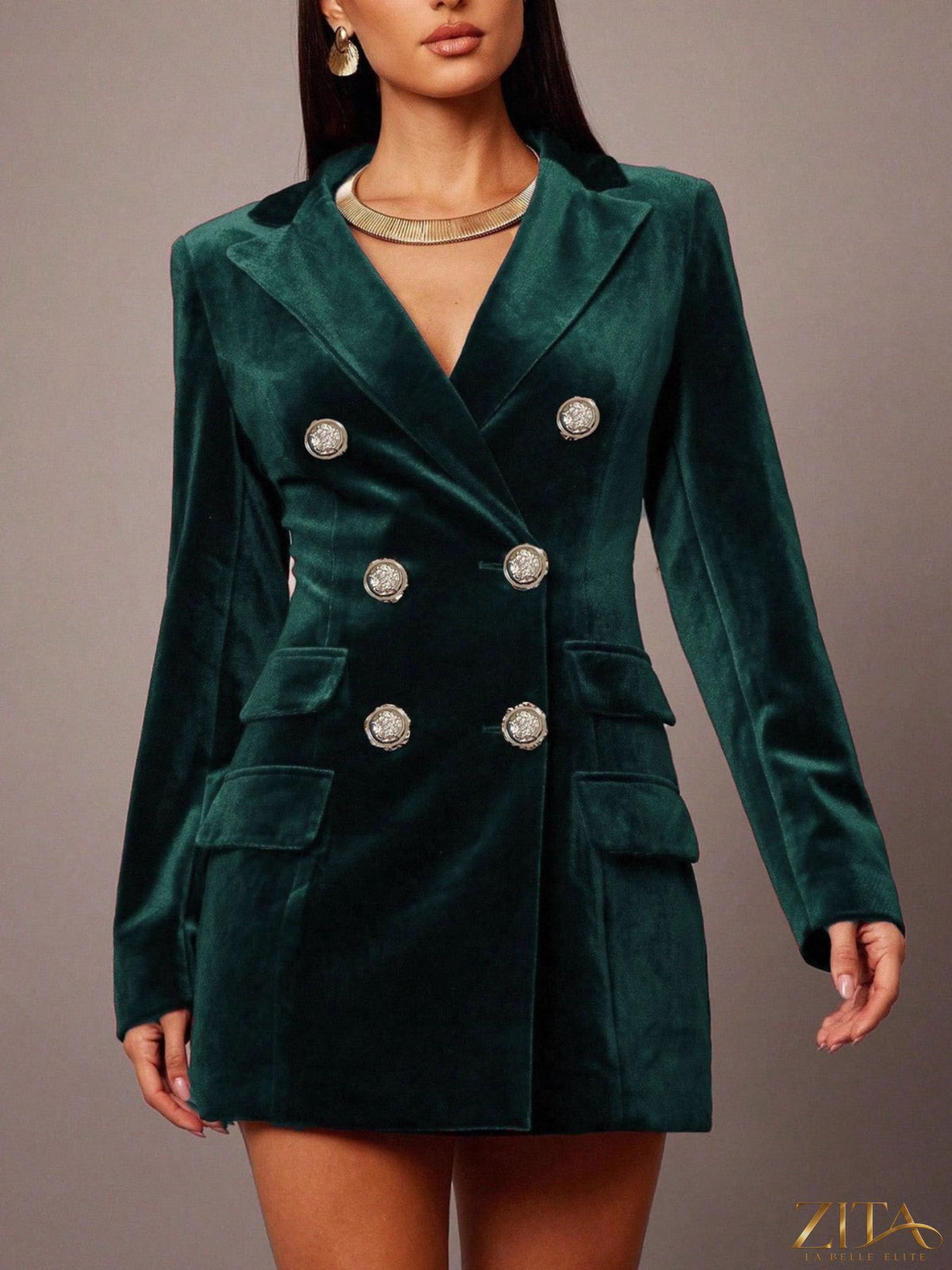 Zita La Belle Elite velvet double-breasted blazer dress with structured lapels and long sleeves, displayed on a mannequin.