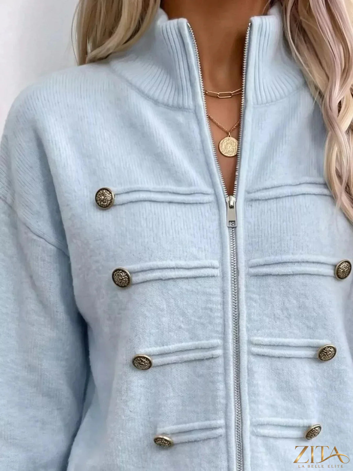 Zita La Belle Elite zip-up long sleeve cardigan in soft fabric, shown in a neutral color with a front zipper and ribbed cuffs.