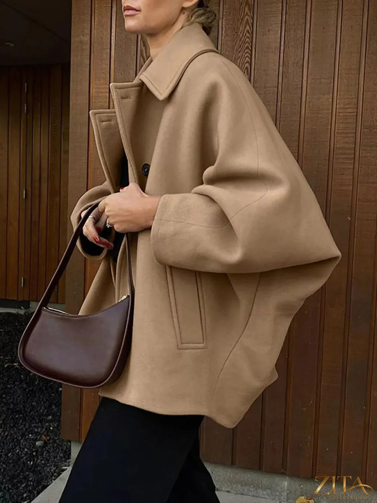 Zita La Belle Elite oversized lapel collar button-down coat in neutral fabric, front view showing classic design and tailored fit.