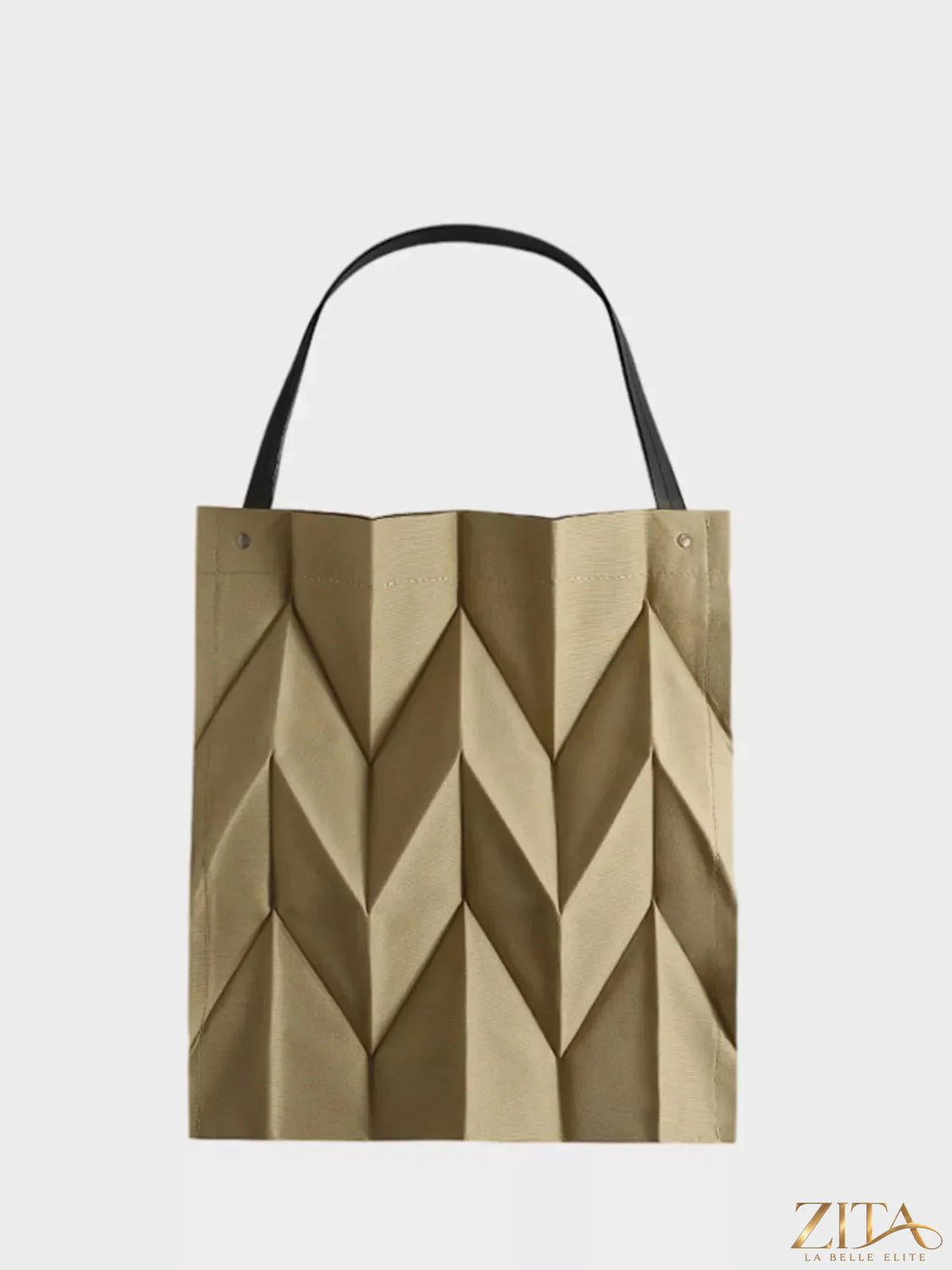 Zita La Belle Elite minimalist geometric pleated tote handbag with structured design and top handles on a neutral background.