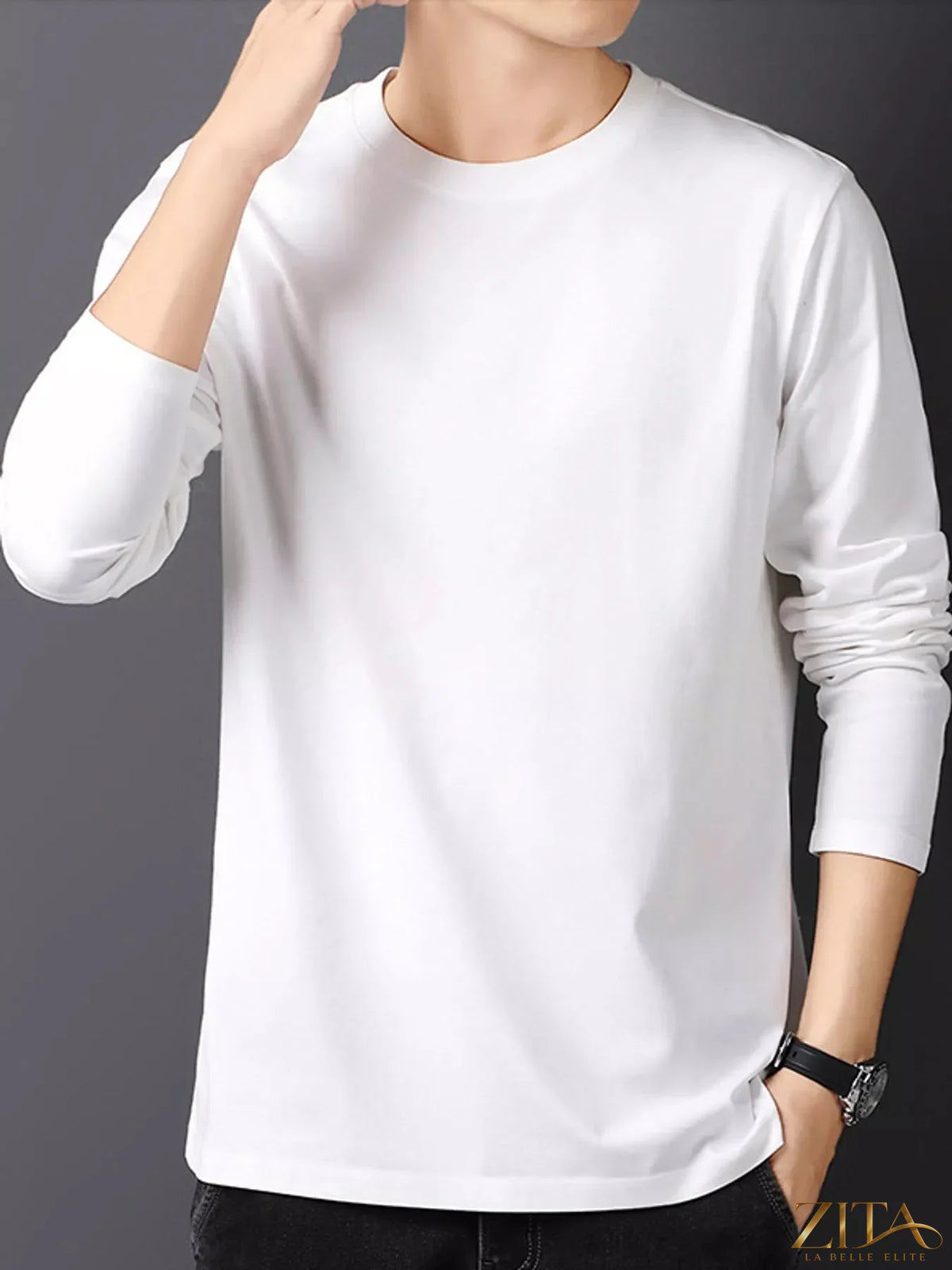 Men's plus size round neck long sleeve T-shirt by Trendsi, black color, soft fabric, close-up view of the comfortable fit and neckline.