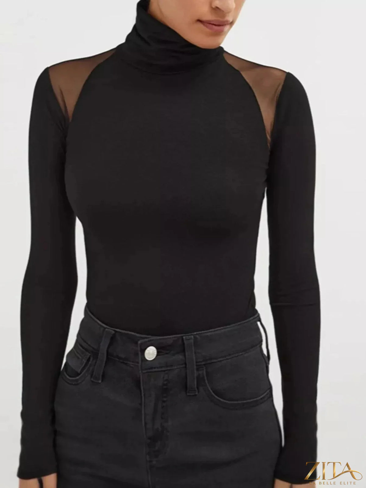 Zita La Belle Elite mesh shoulder turtleneck bodysuit with fitted design and semi-transparent fabric, highlighting its stylish, modern look.