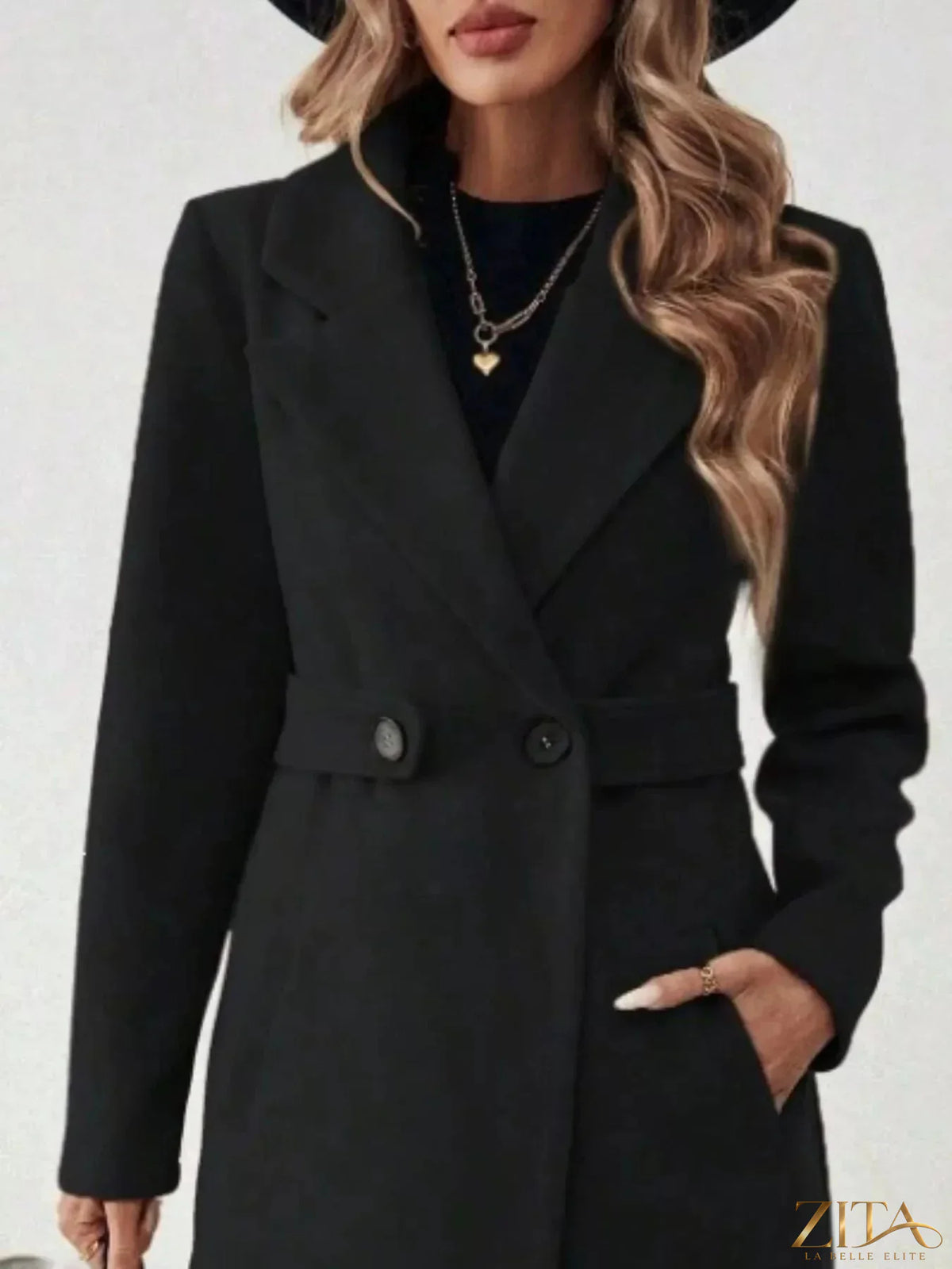 Plus size Zita La Belle Elite full size coat with elegant lapel collar, belted waist, and pockets, perfect for stylish warmth.