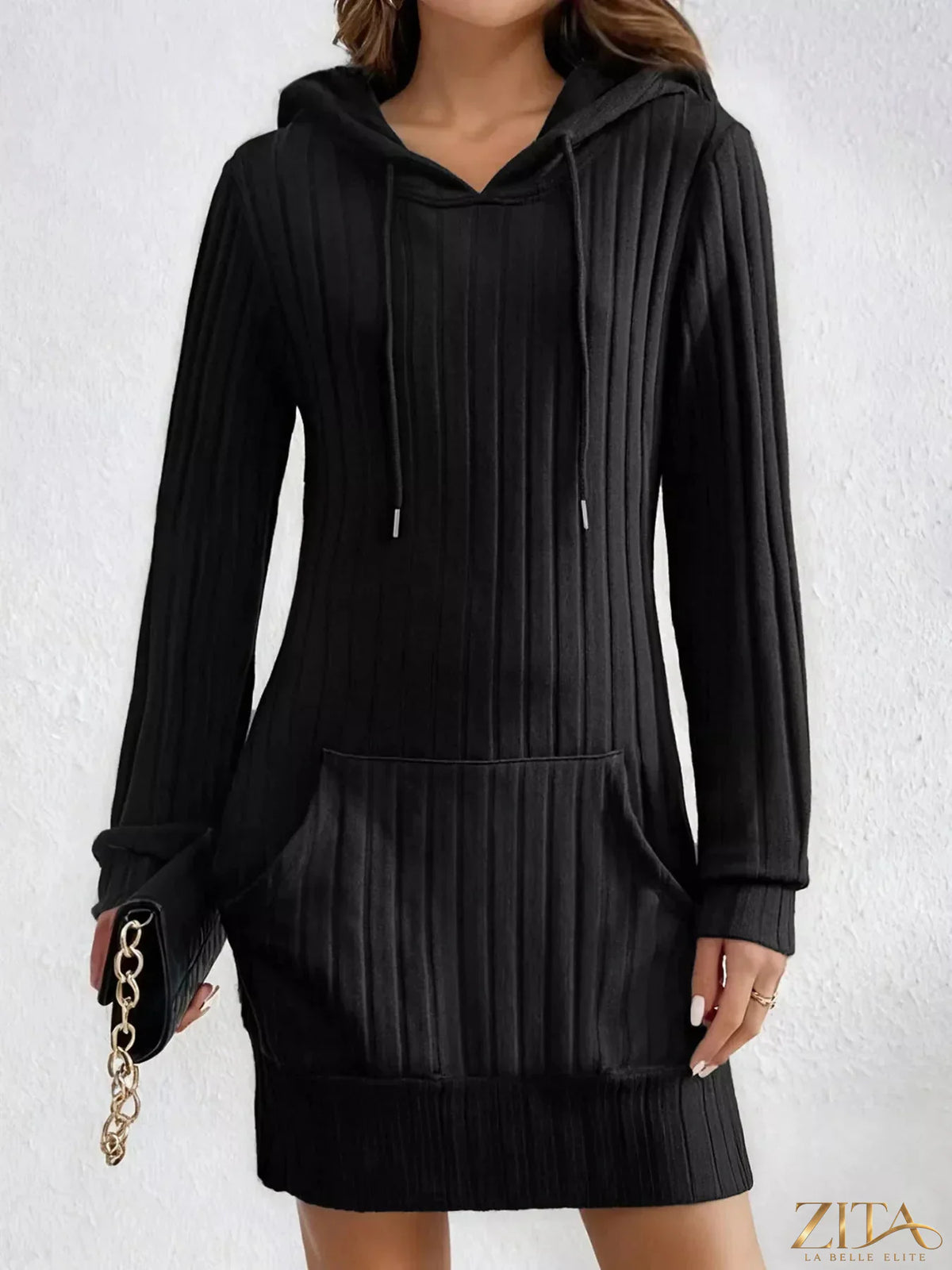 Zita La Belle Elite ribbed knit hoodie dress in soft fabric, featuring a hood, long sleeves, and a fitted silhouette.