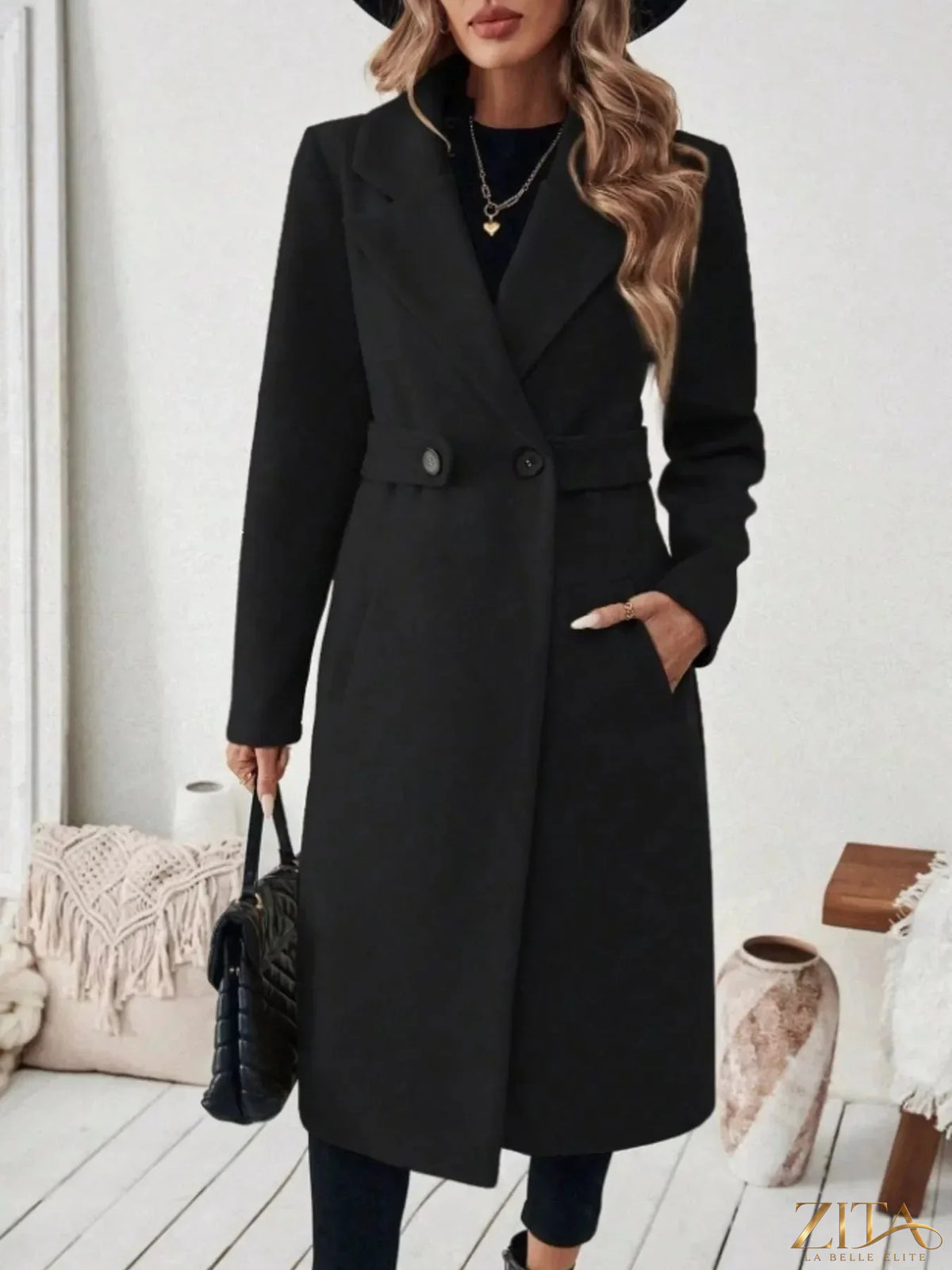 Plus size Zita La Belle Elite elegant coat with lapel collar, belt, and pockets, featuring a stylish full-length design.