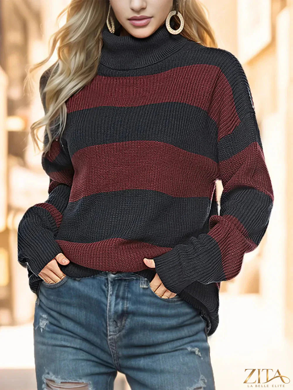 Striped turtleneck long sleeve sweater by Trendsi, featuring a fitted design with bold horizontal stripes in various colors.