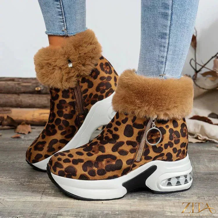 Zita La Belle Elite fuzzy side zipper platform ankle boots with chunky heel and comfortable ankle height.