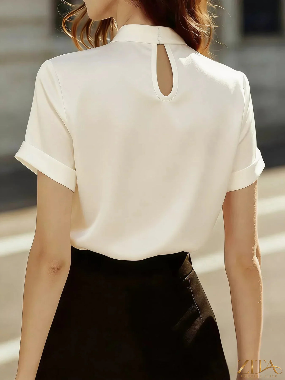 Zita La Belle Elite satin short sleeve blouse with keyhole neckline, elegant and stylish women's top on white background