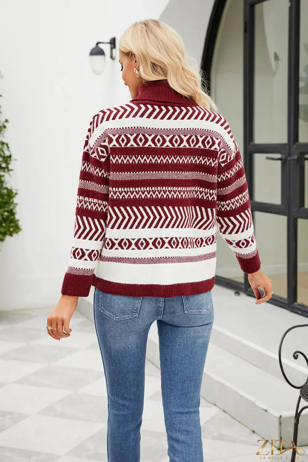 Trendsi geometric turtleneck long sleeve sweater featuring a modern pattern and fitted design in soft knit fabric.