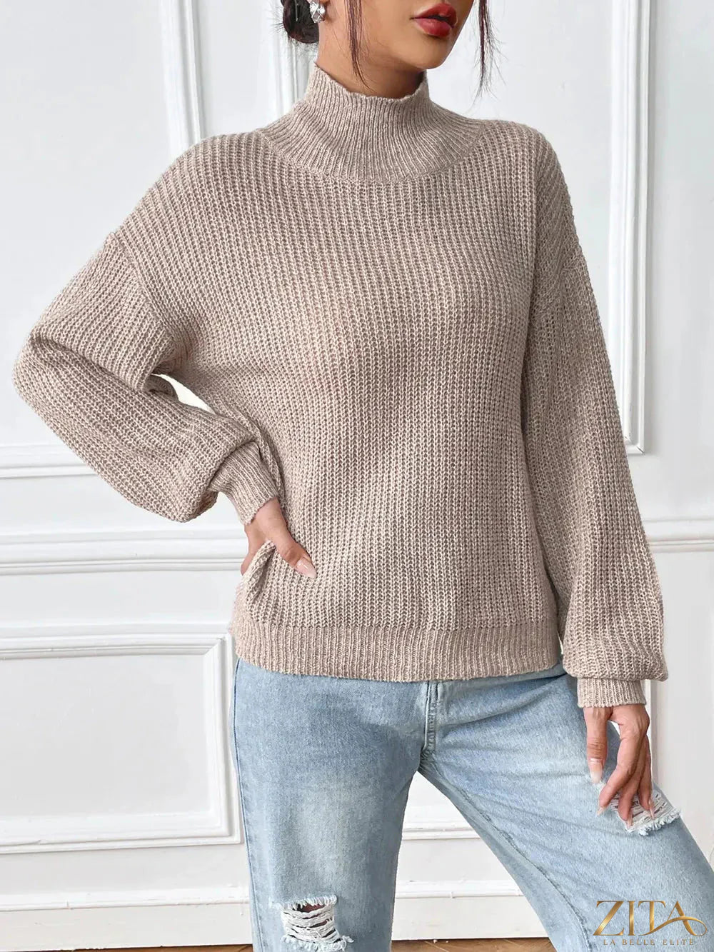 Zita La Belle Elite turtleneck long sleeve sweater in cozy knit, shown in a stylish fit on a model.