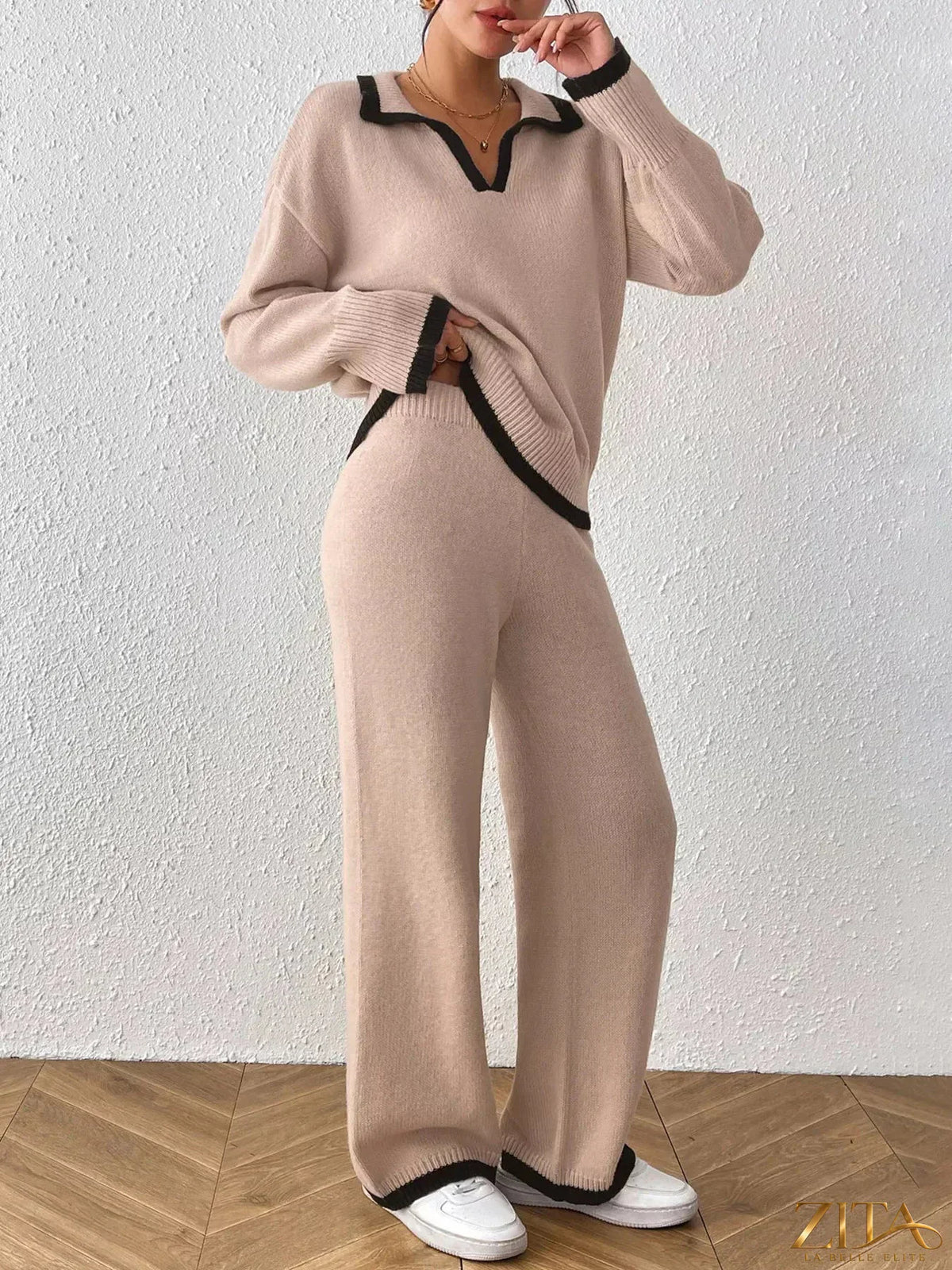 Zita La Belle Elite contrast trim polo collar top and pants sweater set, navy blue with white accents, styled for casual wear.