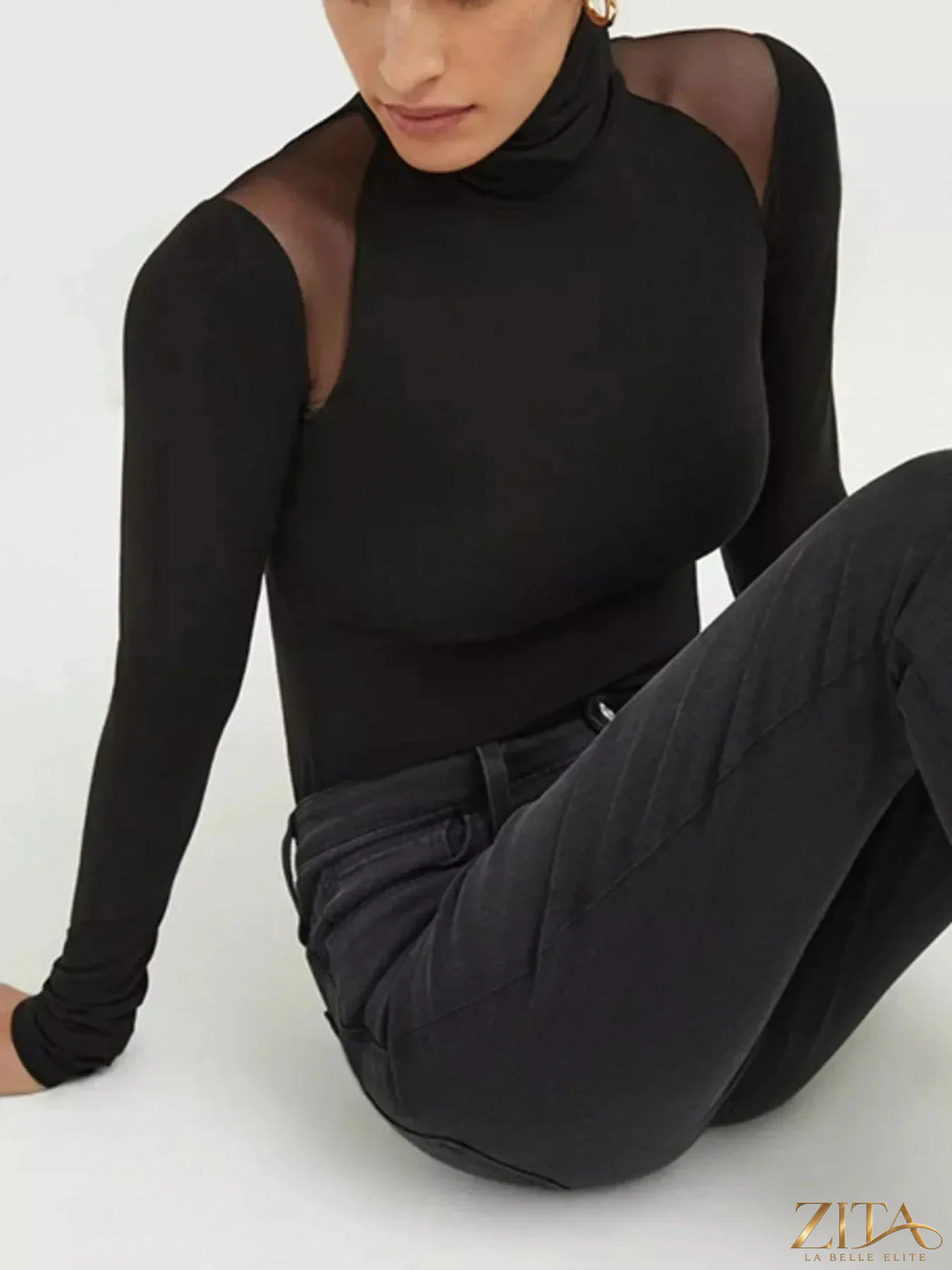 Zita La Belle Elite mesh shoulder turtleneck bodysuit with long sleeves and fitted design for a stylish, modern look.