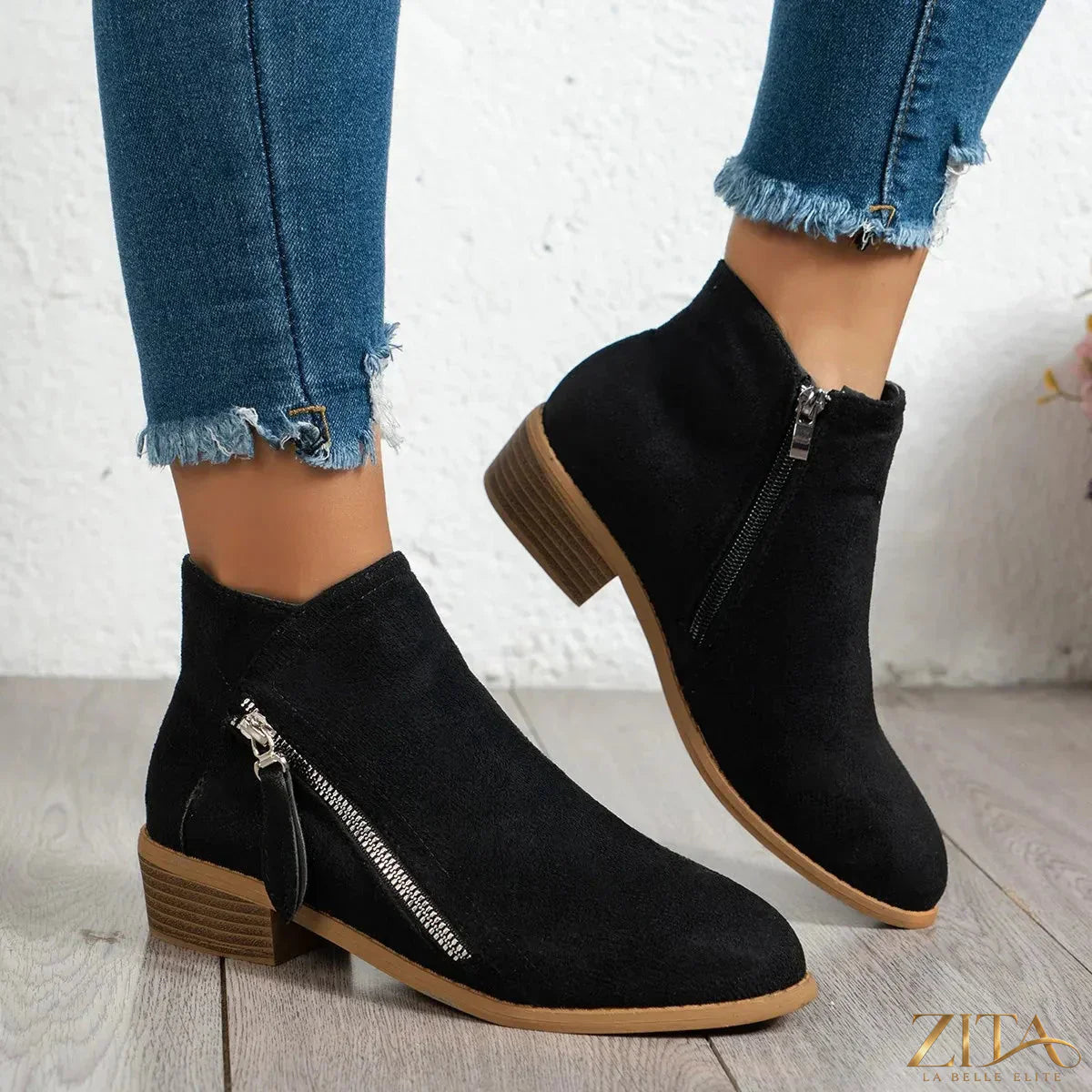 Zita La Belle Elite side zip ankle boots with block heel, showcasing black leather exterior and stylish design.