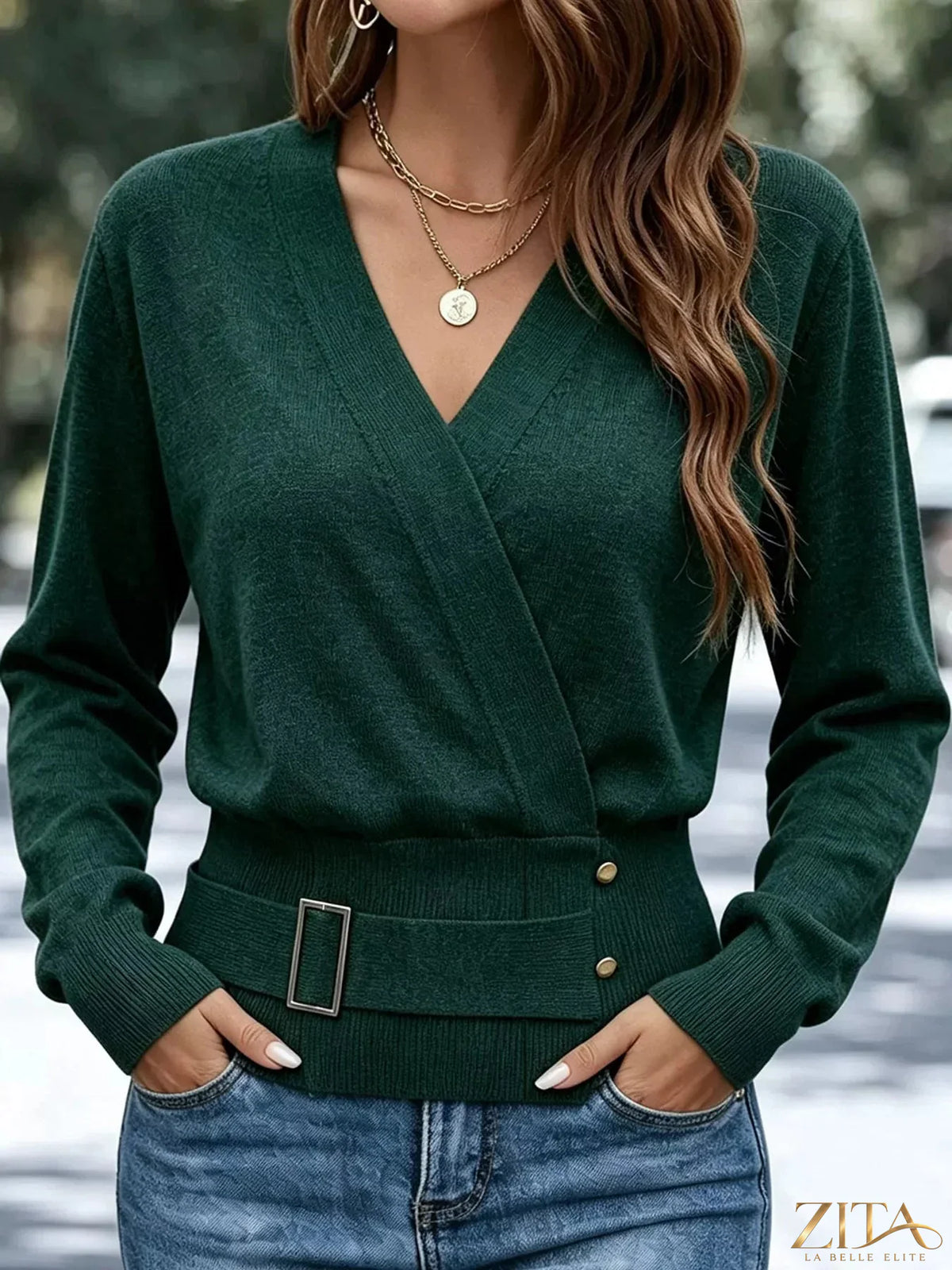 Zita La Belle Elite surplice long sleeve knit top with elastic waist, featuring a stylish and fitted design in soft fabric.