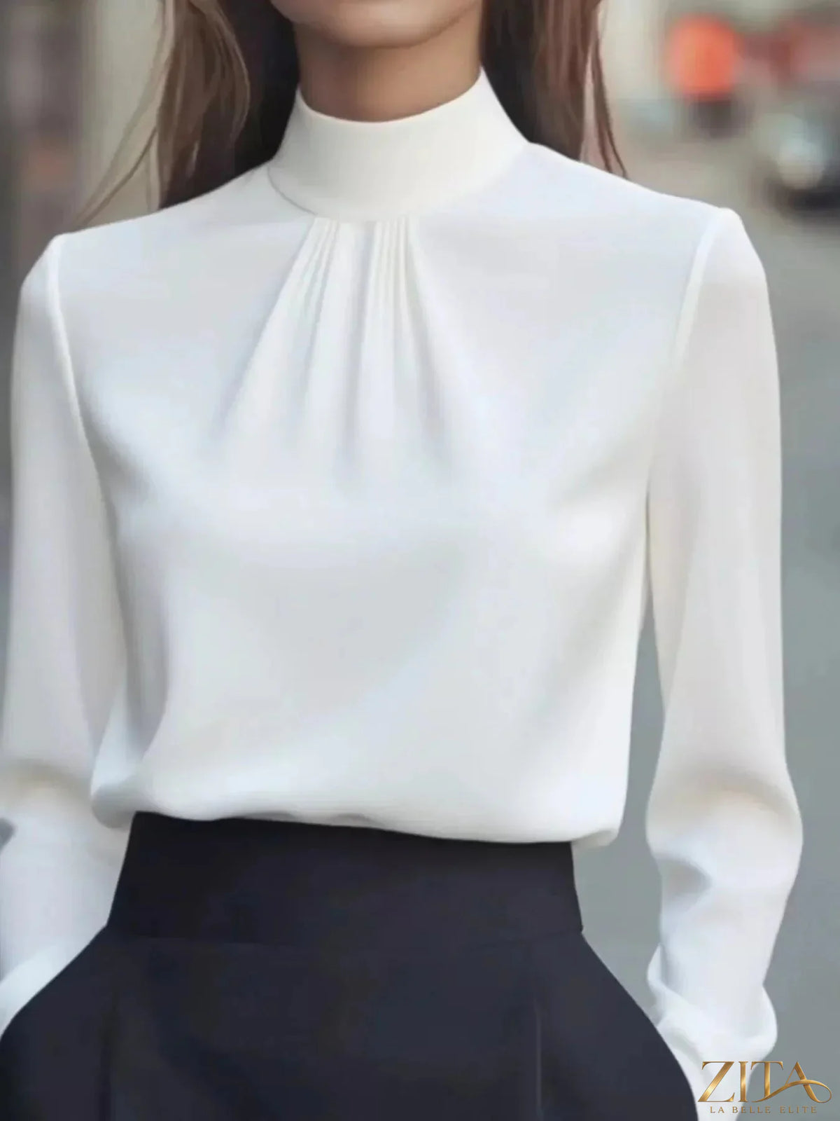 Zita La Belle Elite mock neck long sleeve blouse with pleated detail, featuring a stylish and elegant design in soft fabric.