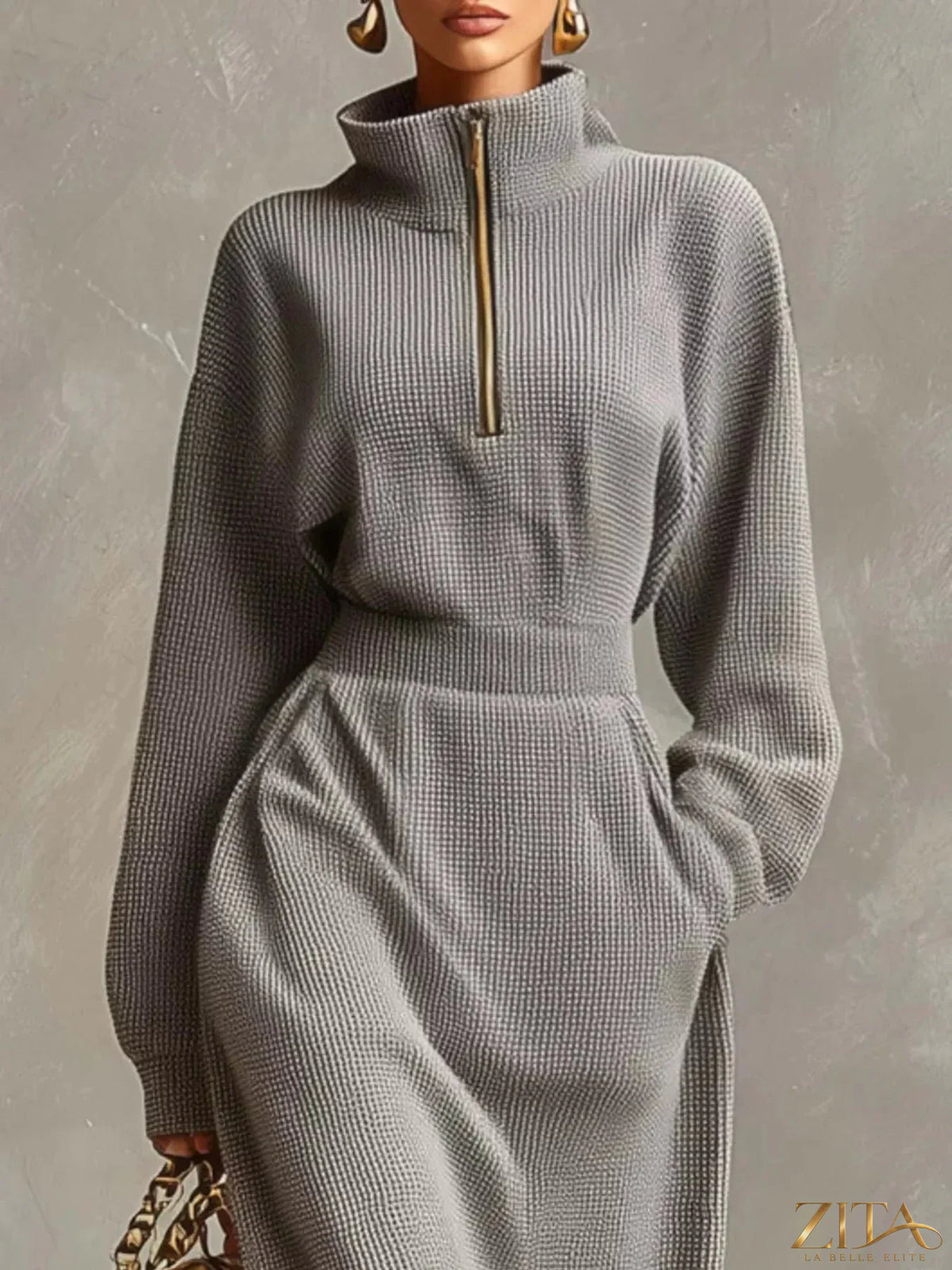 Waffle knit quarter-zip midi dress by Trendsi, featuring a cozy textured fabric and a stylish mid-length fit.