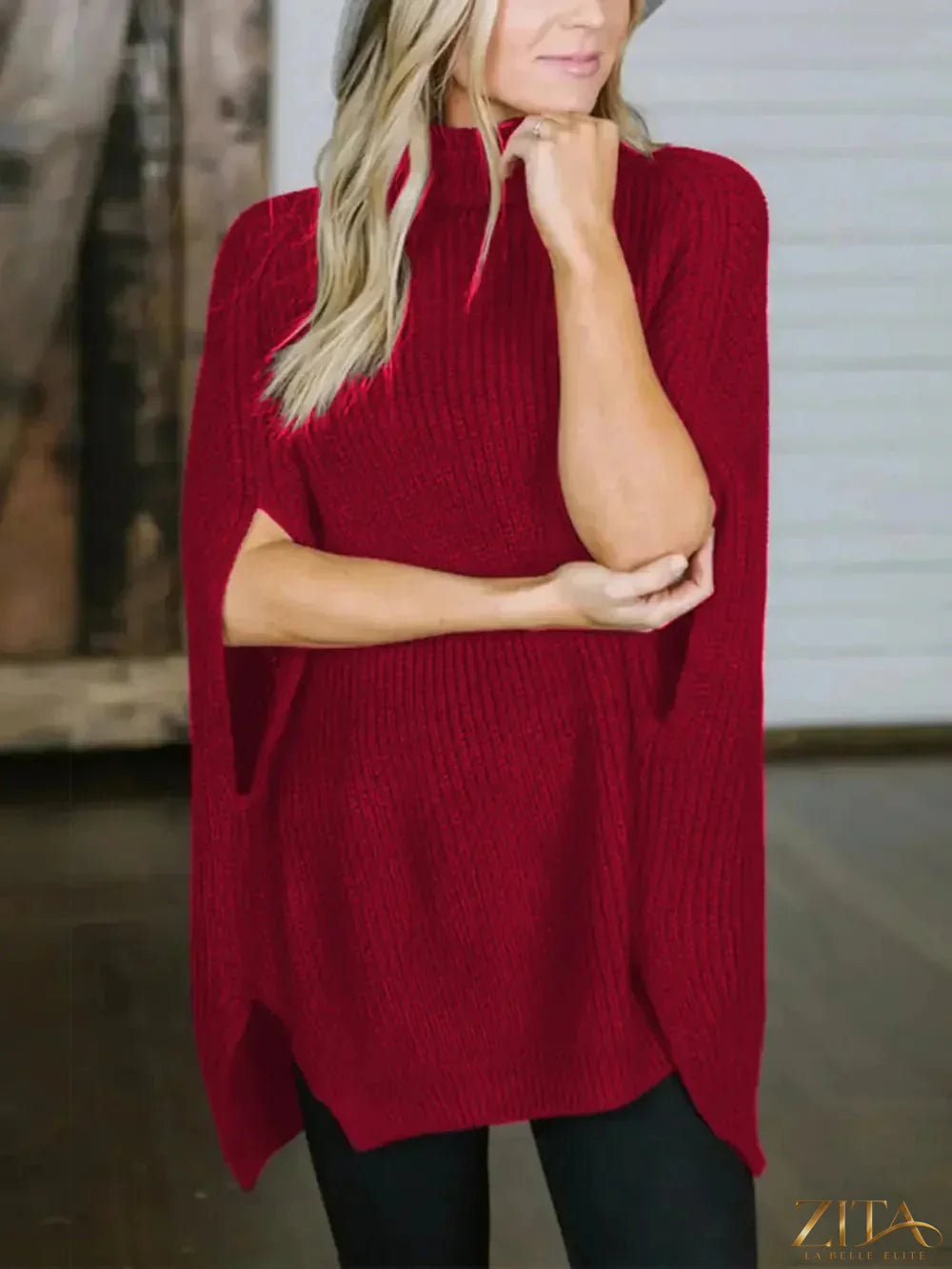 Zita La Belle Elite turtleneck slit sweater in cozy knit, featuring a high neckline and stylish slit detail on the side.
