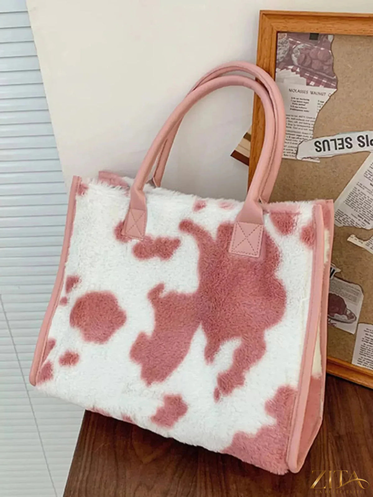 Soft plush tote bag by Zita La Belle Elite with rounded handles and spacious interior, perfect for stylish everyday use.