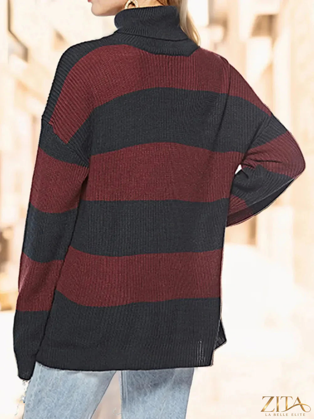 Striped turtleneck long sleeve sweater by Trendsi featuring a fitted design and bold horizontal stripes in various colors.