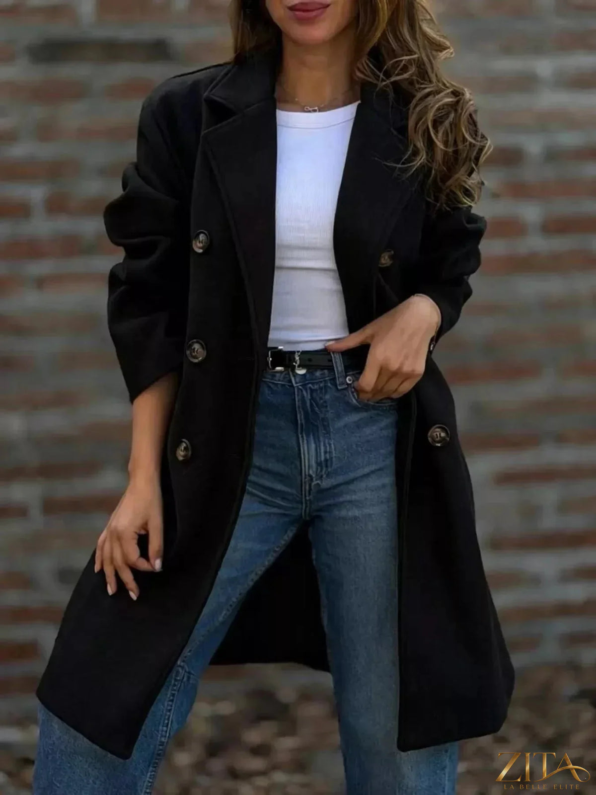 Plus size Zita La Belle Elite double-breasted coat with lapel collar, full length, stylish and warm outerwear for cold weather.