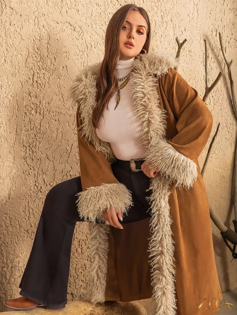 Plus size Zita La Belle Elite furry trim open front long sleeve coat with a cozy, stylish design and plush fur accents.