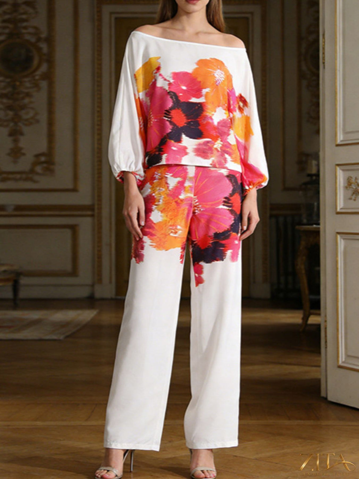 Zita La Belle Elite floral print off-shoulder top and matching pants set, stylish summer outfit with vibrant floral pattern.