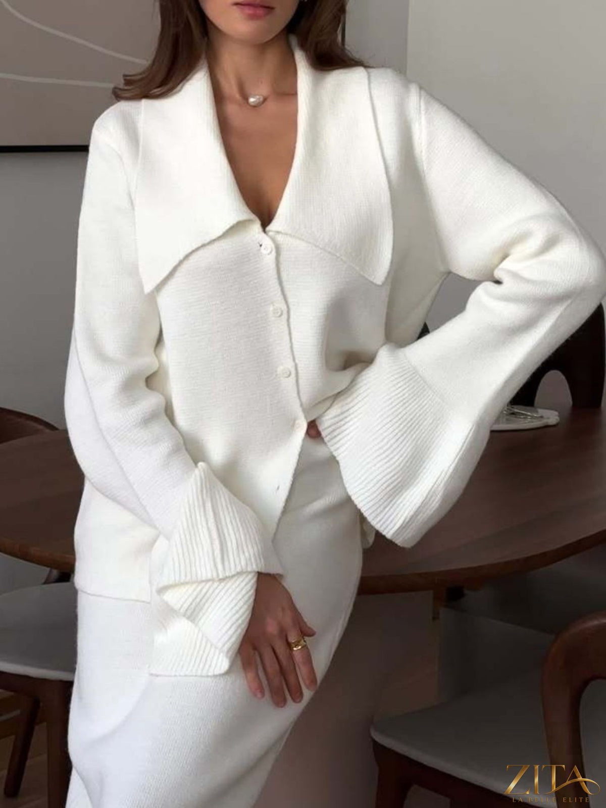 Zita La Belle Elite button-down long sleeve cardigan and matching knit skirt set, featuring a stylish and cozy knit fabric.