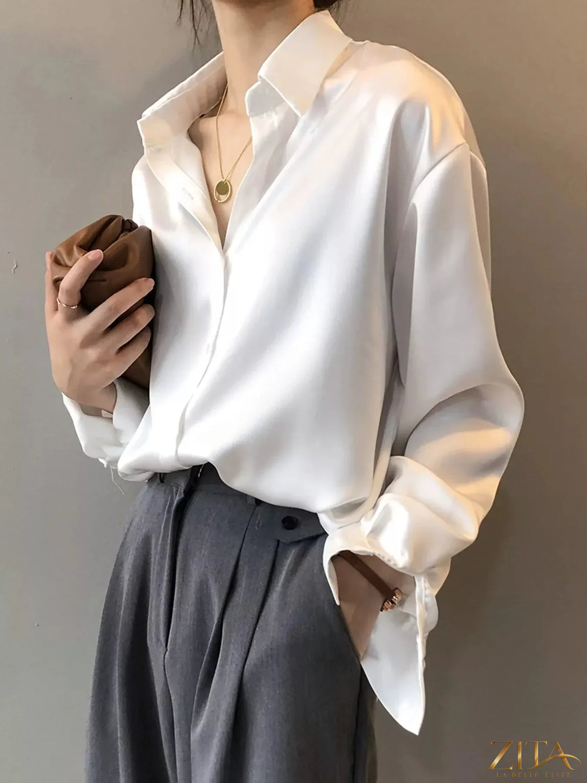 Zita La Belle Elite satin button-down long sleeve shirt in smooth fabric, featuring a classic collar and button front.